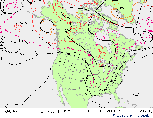 Height/Temp. 700 hPa ECMWF Th 13.06.2024 12 UTC