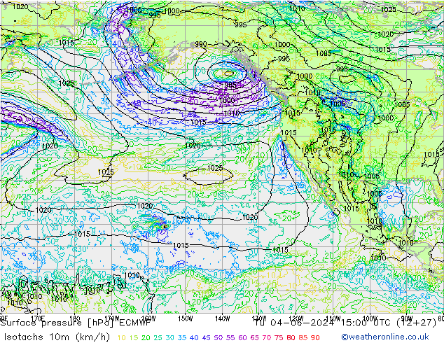 Isotachs (kph) ECMWF Út 04.06.2024 15 UTC