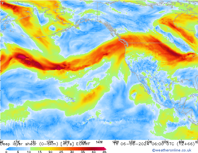 Deep layer shear (0-6km) ECMWF чт 06.06.2024 06 UTC