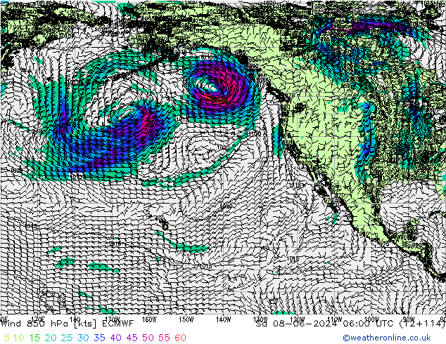 Vento 850 hPa ECMWF sab 08.06.2024 06 UTC