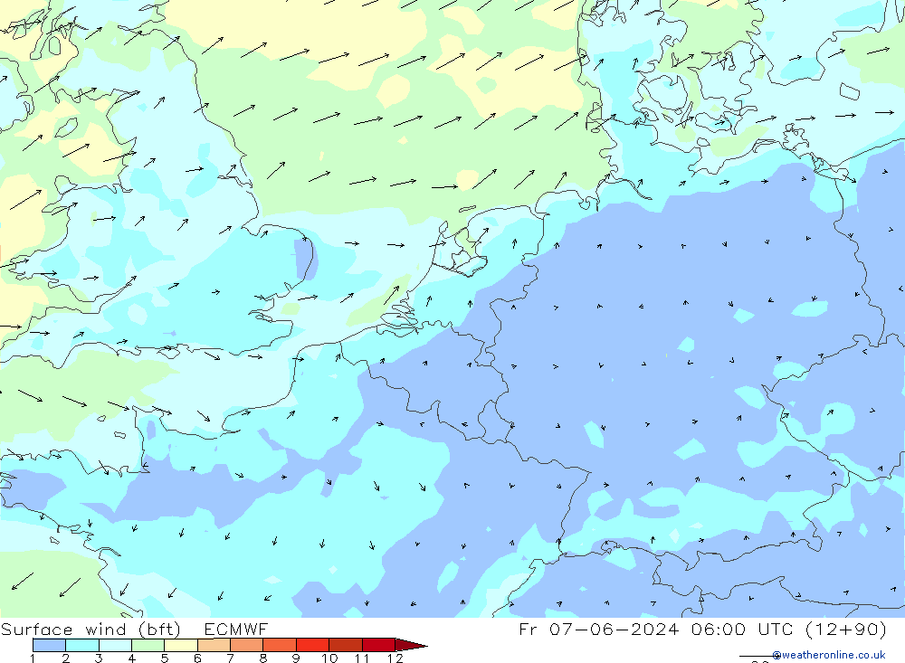 Surface wind (bft) ECMWF Pá 07.06.2024 06 UTC