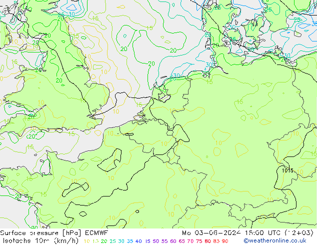 Isotachs (kph) ECMWF lun 03.06.2024 15 UTC