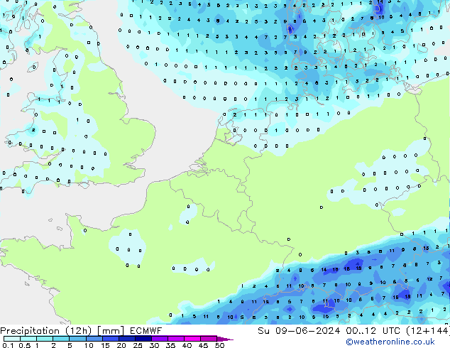 Precipitation (12h) ECMWF Su 09.06.2024 12 UTC