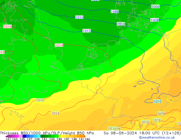 Dikte 850-1000 hPa ECMWF za 08.06.2024 18 UTC