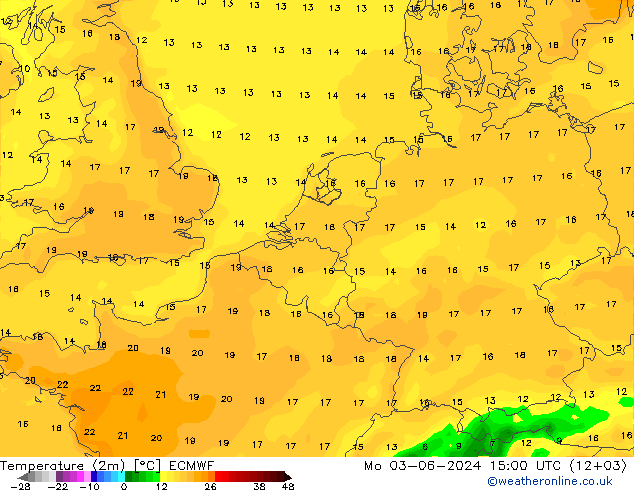 Temperatuurkaart (2m) ECMWF ma 03.06.2024 15 UTC