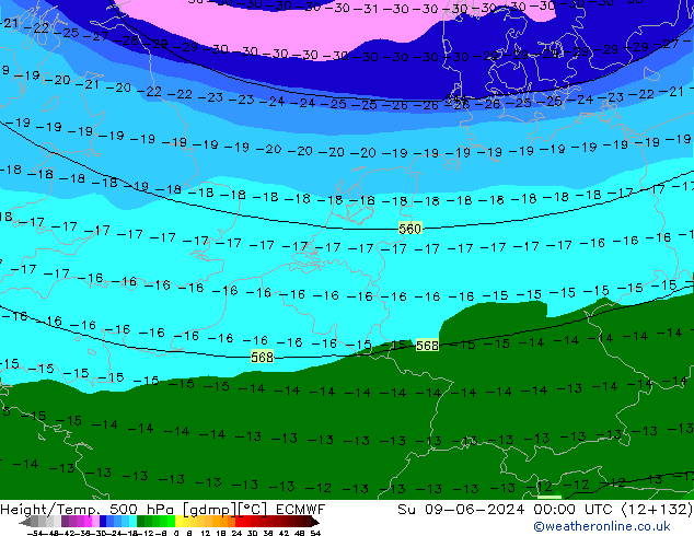 Hoogte/Temp. 500 hPa ECMWF zo 09.06.2024 00 UTC