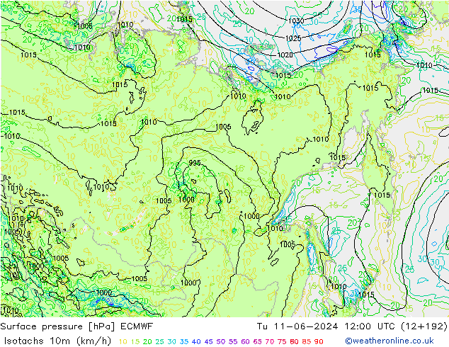 Isotachs (kph) ECMWF Tu 11.06.2024 12 UTC