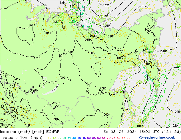 Isotachen (mph) ECMWF Sa 08.06.2024 18 UTC