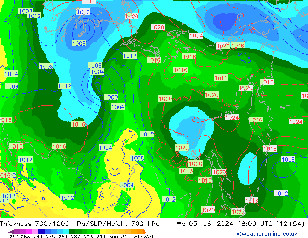 Espesor 700-1000 hPa ECMWF mié 05.06.2024 18 UTC