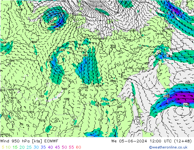 Vento 950 hPa ECMWF Qua 05.06.2024 12 UTC