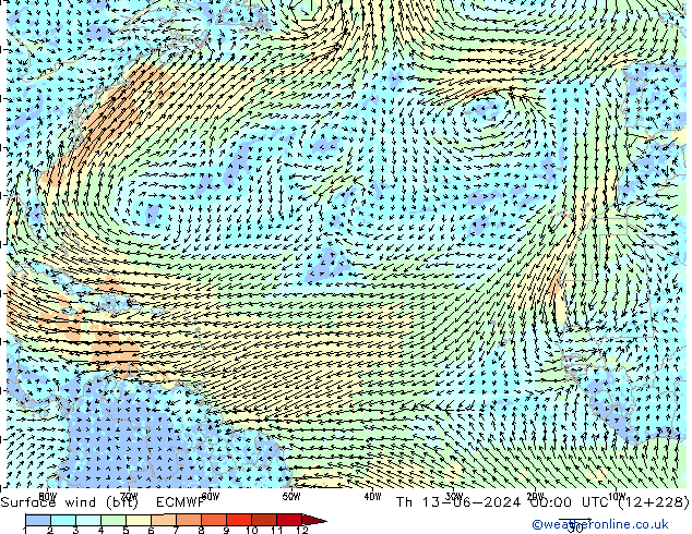 Wind 10 m (bft) ECMWF do 13.06.2024 00 UTC