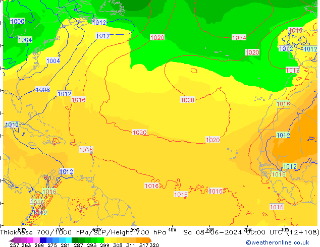 Espesor 700-1000 hPa ECMWF sáb 08.06.2024 00 UTC