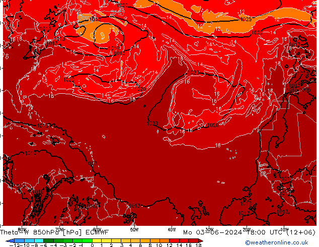 Theta-W 850hPa ECMWF Mo 03.06.2024 18 UTC