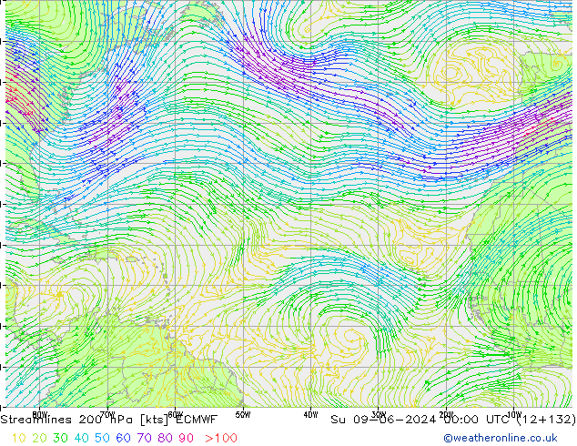 Línea de corriente 200 hPa ECMWF dom 09.06.2024 00 UTC