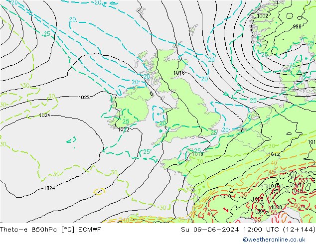 Theta-e 850hPa ECMWF Su 09.06.2024 12 UTC