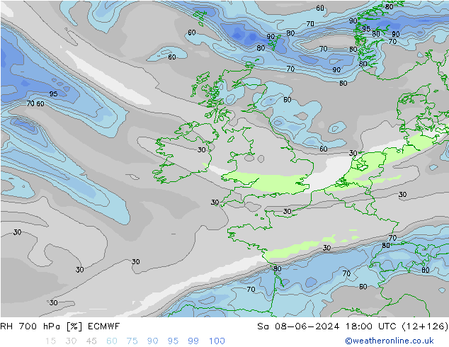 Humedad rel. 700hPa ECMWF sáb 08.06.2024 18 UTC