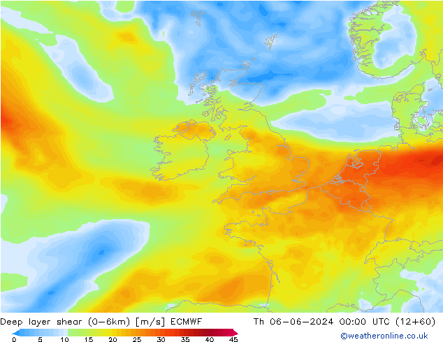 Deep layer shear (0-6km) ECMWF чт 06.06.2024 00 UTC