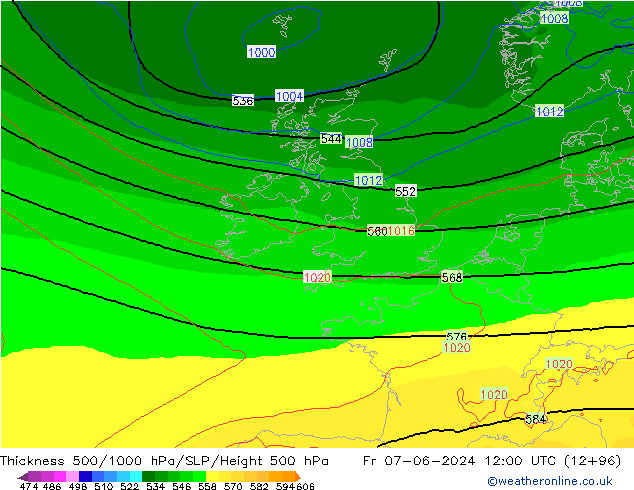 Espesor 500-1000 hPa ECMWF vie 07.06.2024 12 UTC