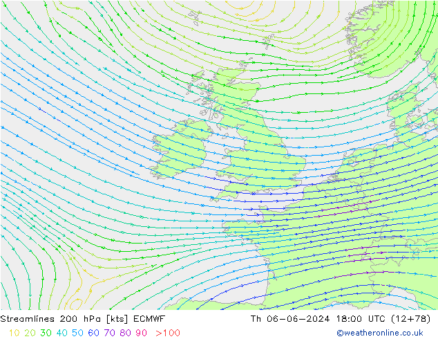 Linea di flusso 200 hPa ECMWF gio 06.06.2024 18 UTC