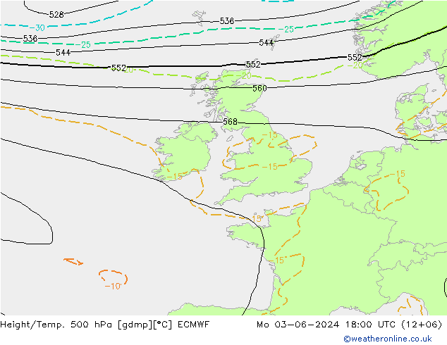 Height/Temp. 500 hPa ECMWF Po 03.06.2024 18 UTC