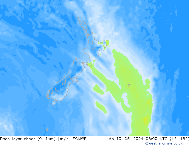 Deep layer shear (0-1km) ECMWF Seg 10.06.2024 06 UTC