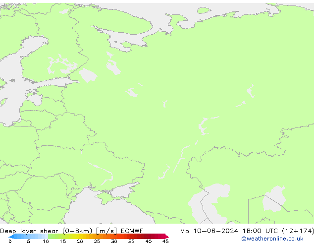 Deep layer shear (0-6km) ECMWF Seg 10.06.2024 18 UTC