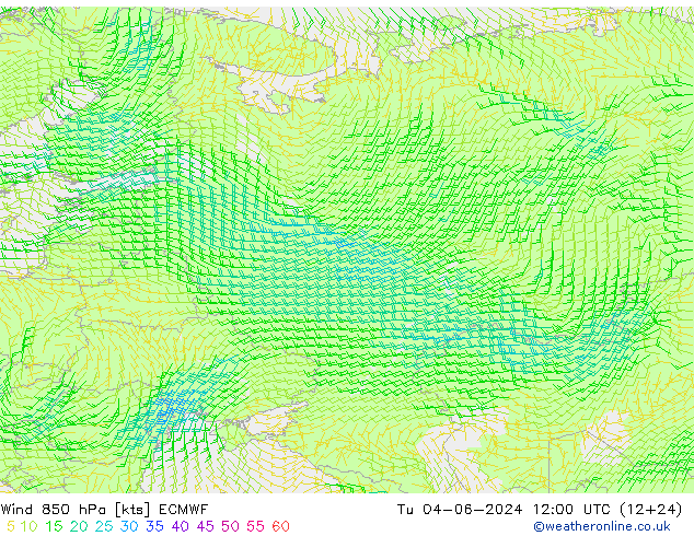 Wind 850 hPa ECMWF Tu 04.06.2024 12 UTC