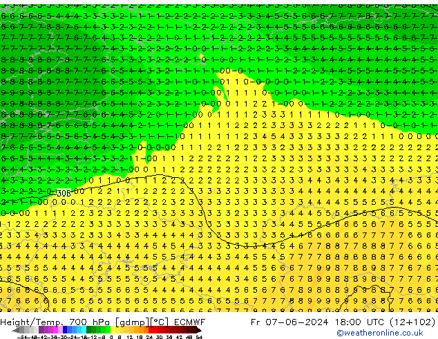 Height/Temp. 700 hPa ECMWF Sex 07.06.2024 18 UTC