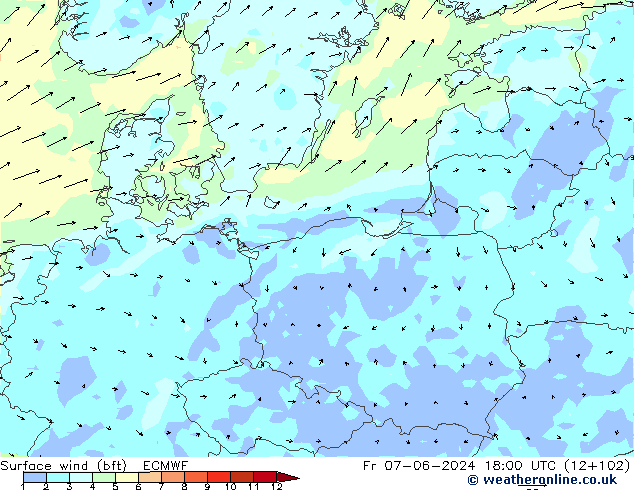 Wind 10 m (bft) ECMWF vr 07.06.2024 18 UTC