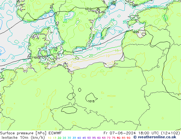 Isotachen (km/h) ECMWF vr 07.06.2024 18 UTC