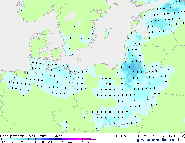 Precipitation (6h) ECMWF Tu 11.06.2024 12 UTC