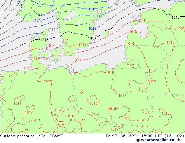 Presión superficial ECMWF vie 07.06.2024 18 UTC