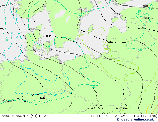 Theta-e 850hPa ECMWF Tu 11.06.2024 06 UTC