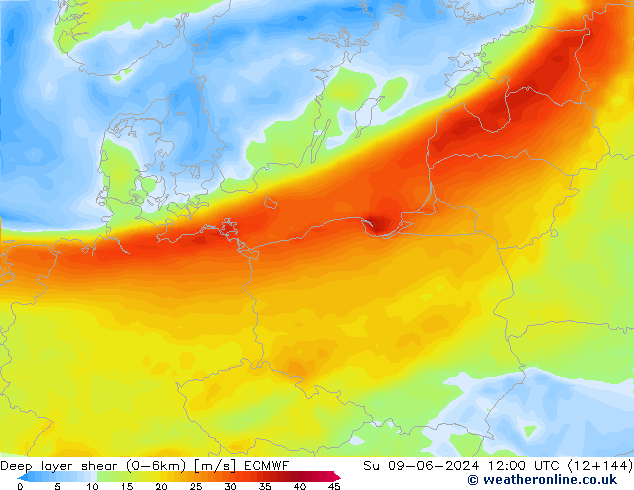 Deep layer shear (0-6km) ECMWF Ne 09.06.2024 12 UTC