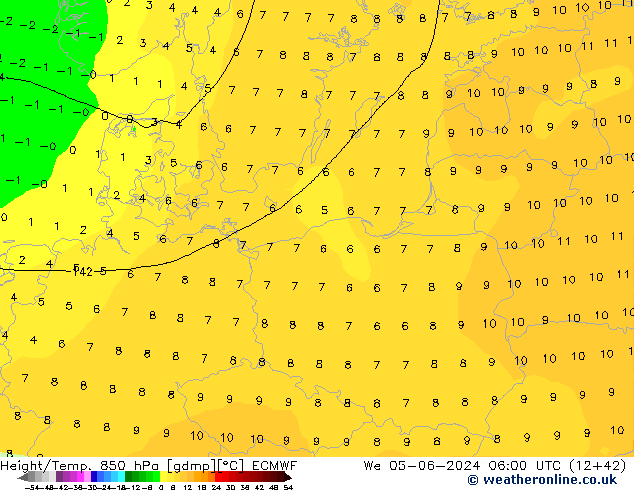 Hoogte/Temp. 850 hPa ECMWF wo 05.06.2024 06 UTC