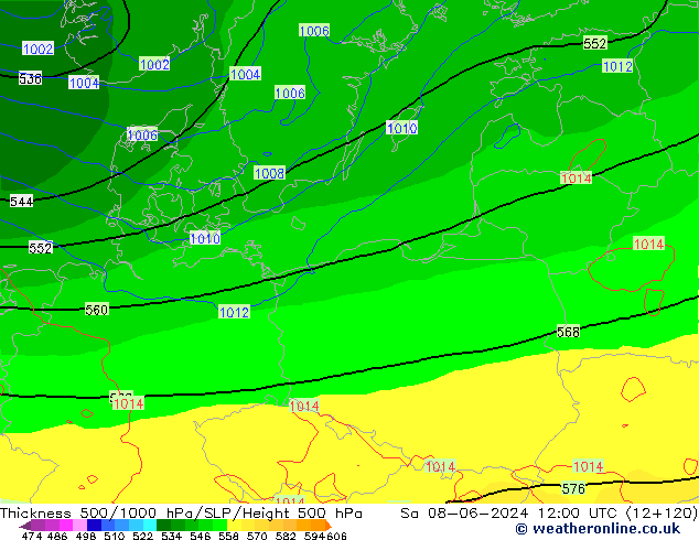 Espesor 500-1000 hPa ECMWF sáb 08.06.2024 12 UTC