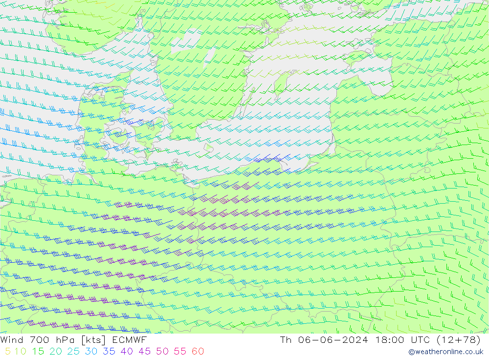 Vento 700 hPa ECMWF gio 06.06.2024 18 UTC