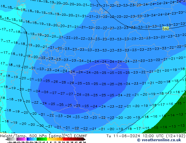 Z500/Rain (+SLP)/Z850 ECMWF Út 11.06.2024 12 UTC