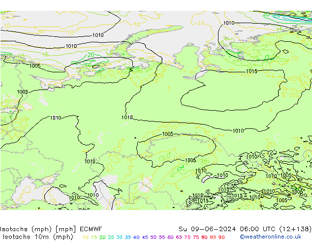 Isotachen (mph) ECMWF zo 09.06.2024 06 UTC