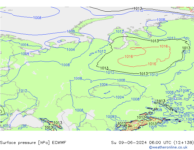 Atmosférický tlak ECMWF Ne 09.06.2024 06 UTC