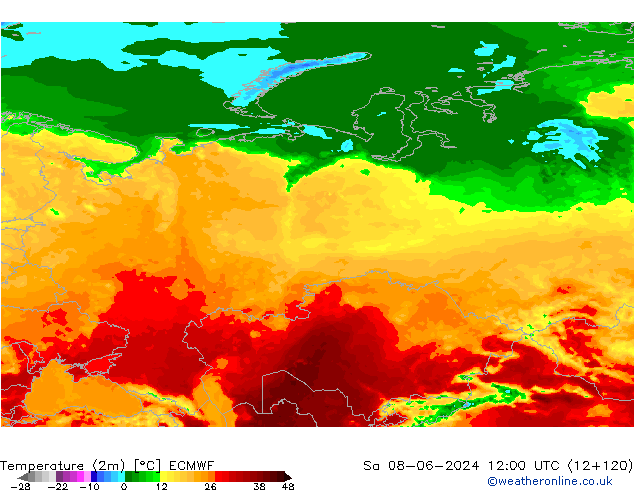 mapa temperatury (2m) ECMWF so. 08.06.2024 12 UTC