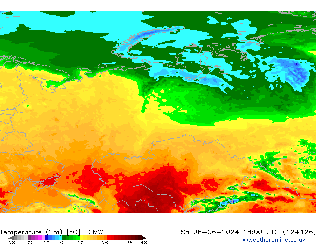 Temperature (2m) ECMWF Sa 08.06.2024 18 UTC