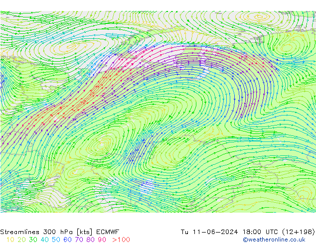 Streamlines 300 hPa ECMWF Tu 11.06.2024 18 UTC