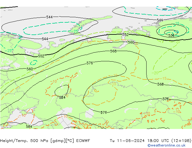 Height/Temp. 500 hPa ECMWF wto. 11.06.2024 18 UTC