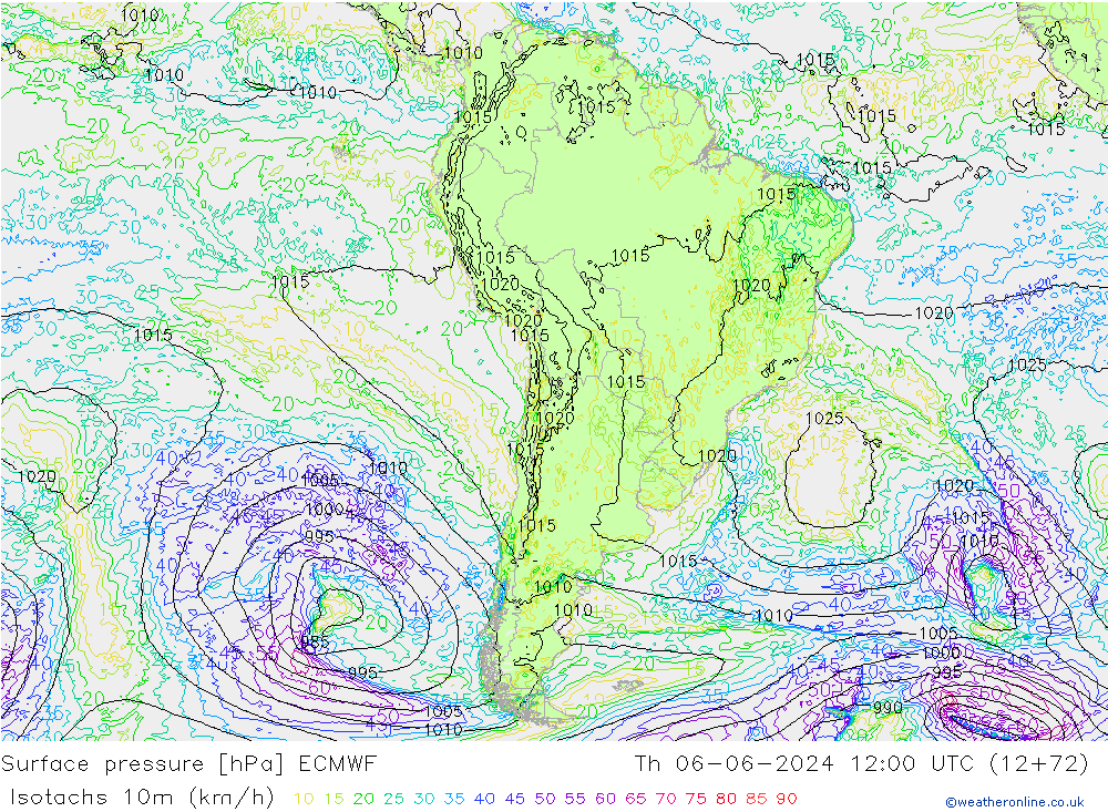 Isotachs (kph) ECMWF Čt 06.06.2024 12 UTC