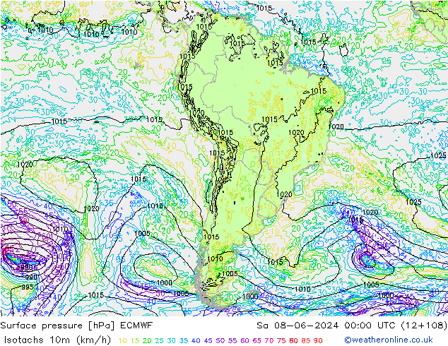 Isotachs (kph) ECMWF  08.06.2024 00 UTC