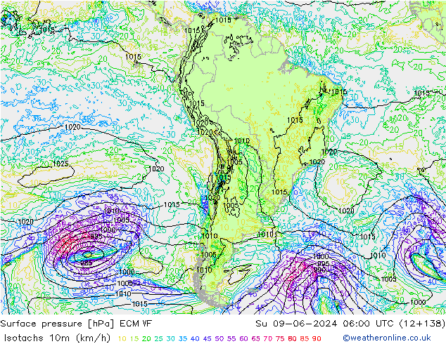 Isotachs (kph) ECMWF Dom 09.06.2024 06 UTC