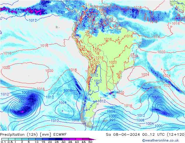 Totale neerslag (12h) ECMWF za 08.06.2024 12 UTC