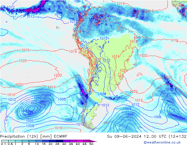 Totale neerslag (12h) ECMWF zo 09.06.2024 00 UTC