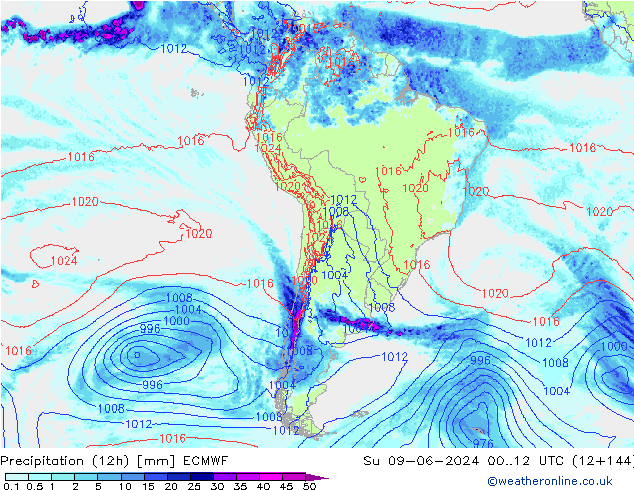 Totale neerslag (12h) ECMWF zo 09.06.2024 12 UTC